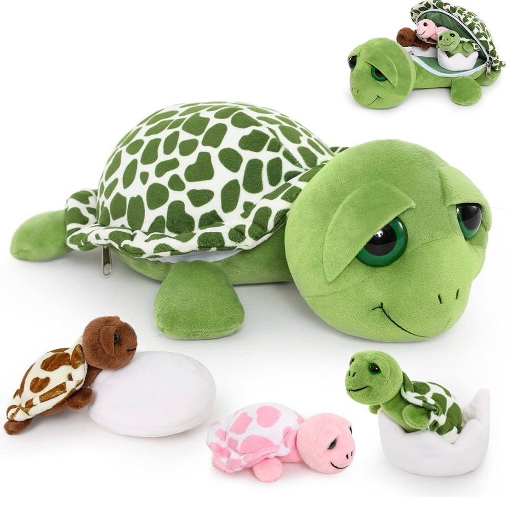 Green Turtle Plush Toy with Baby Turtles